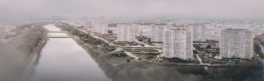 Vue de la Seine à Paris avec des immeubles modernistes du Plan Voisin, reflétant l'intégration de l'urbanisme et des espaces verts