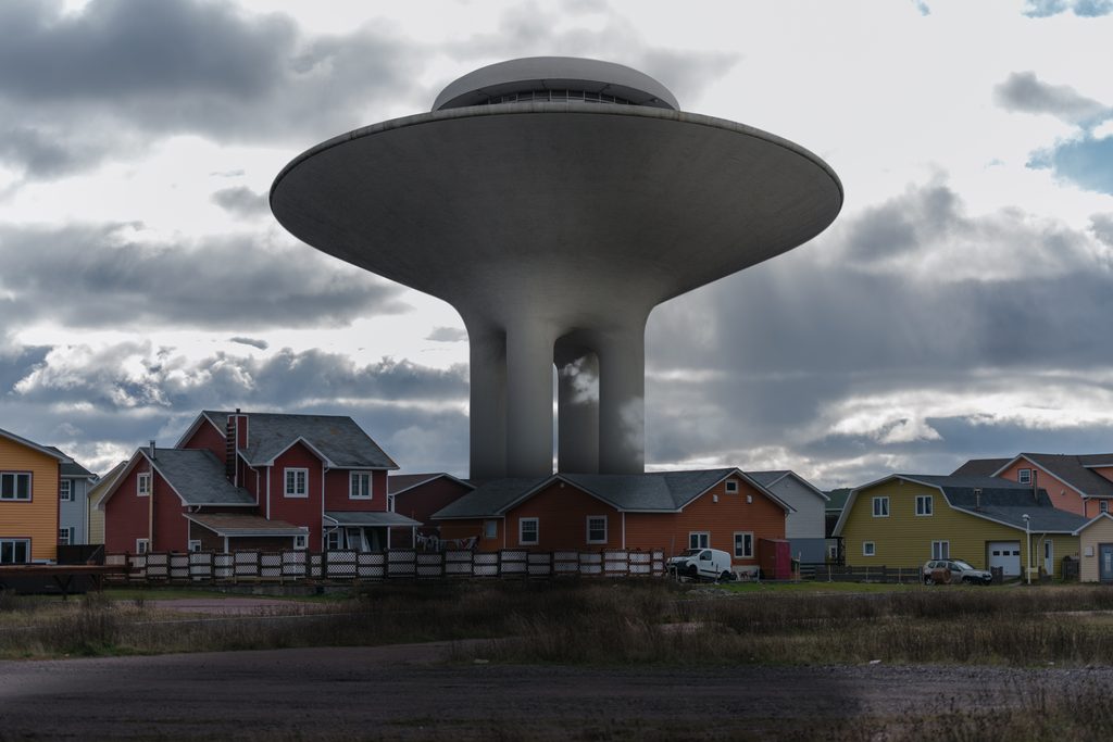 Collage numérique représentant un paysage imaginaire inspiré de l’archipel natal, photomontage en édition limitée