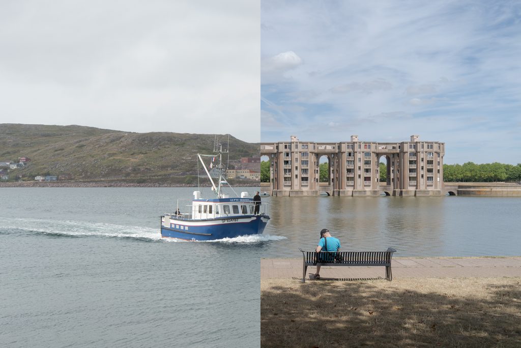 Collage visuel montrant la dualité entre un paysage insulaire et un environnement métropolitain, tirage d’art en édition limitée