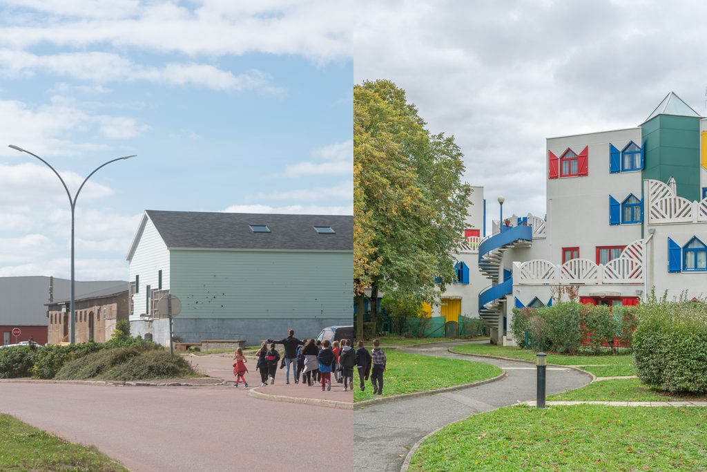 Collage photographique d’un diptyque articulant des souvenirs visuels d’un paysage naturel et d’un espace urbain, tirage d’art