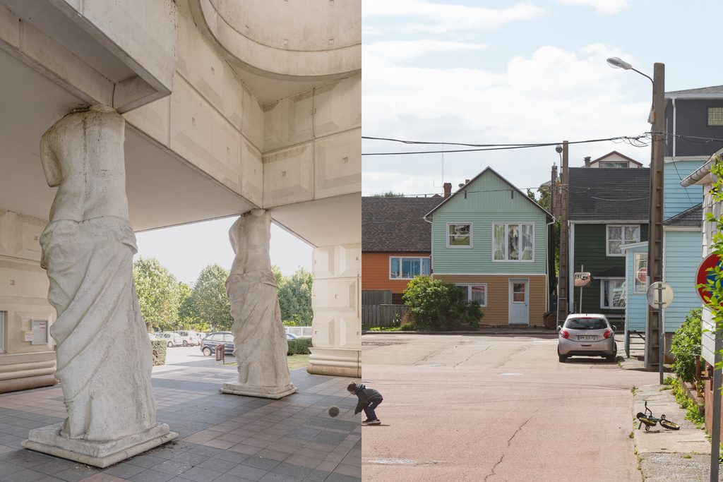 Photographie d’un diptyque représentant des fragments de paysages opposés, reliant nature et architecture, tirage d’art