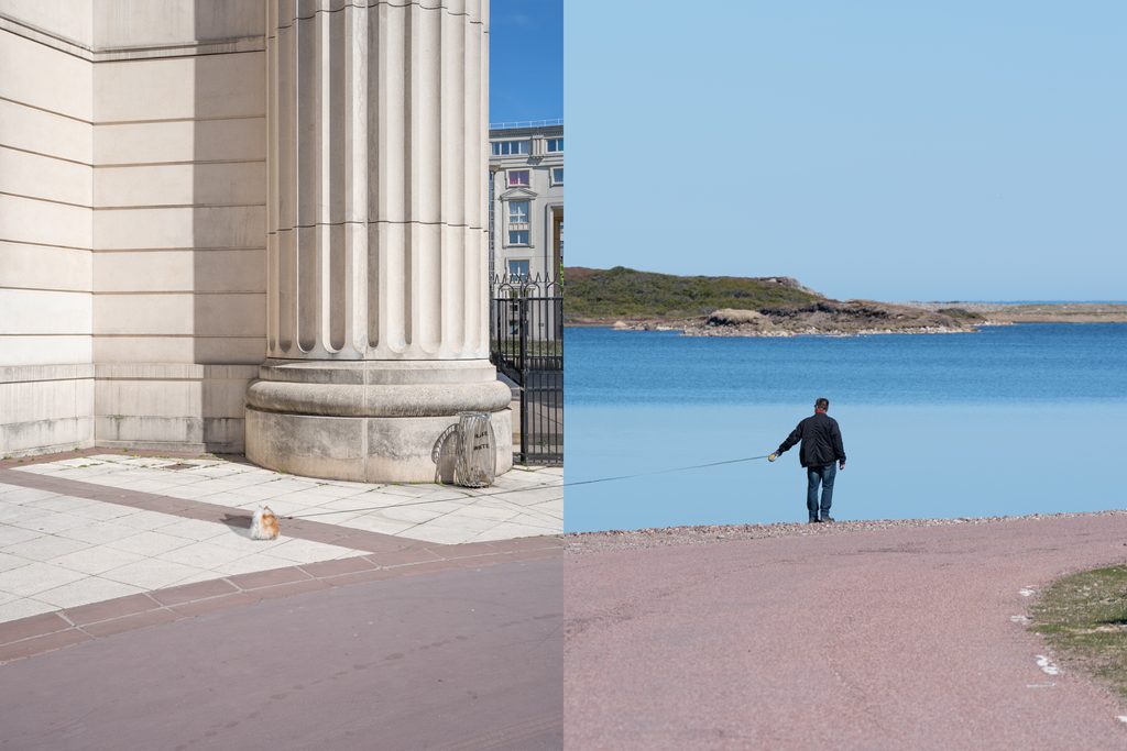 Collage photographique représentant un paysage maritime de l'archipel et une vue urbaine, tirage d’art plastique