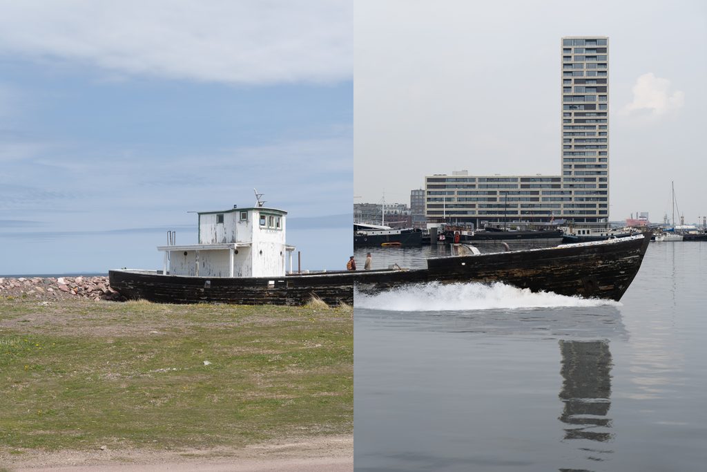 Photomontage artistique d’un paysage insulaire et d’une vue urbaine, explorant les frontières invisibles entre nature et architecture