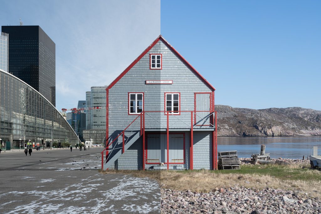 Photographie plasticienne juxtaposant un paysage naturel de l’archipel et une vue architecturale de la ville, tirage d’art limité