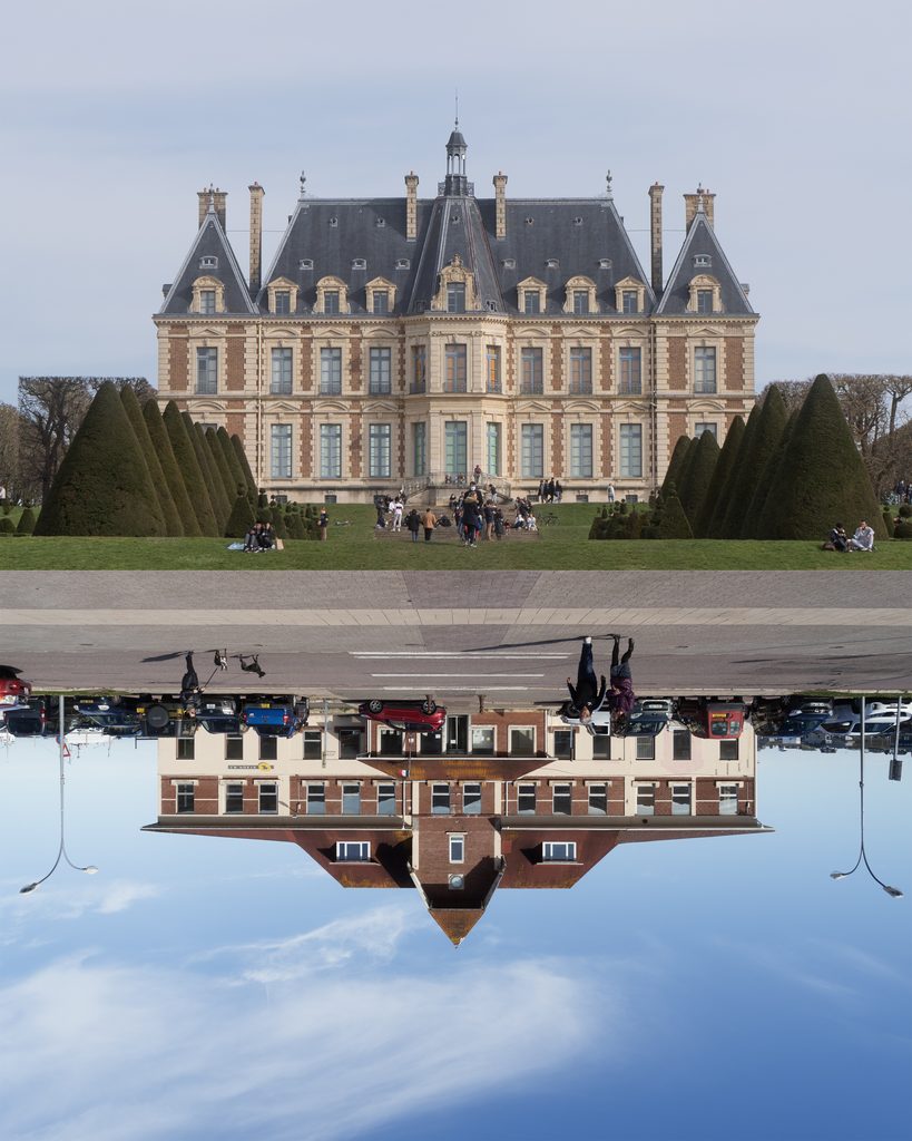 Photomontage représentant un diptyque entre un paysage naturel et une architecture urbaine, tirage d’art en édition limitée