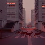 Des cerfs traversant une rue dans une banlieue parisienne entre des immeubles en béton, image surréaliste de la série Deus Ex Urbana