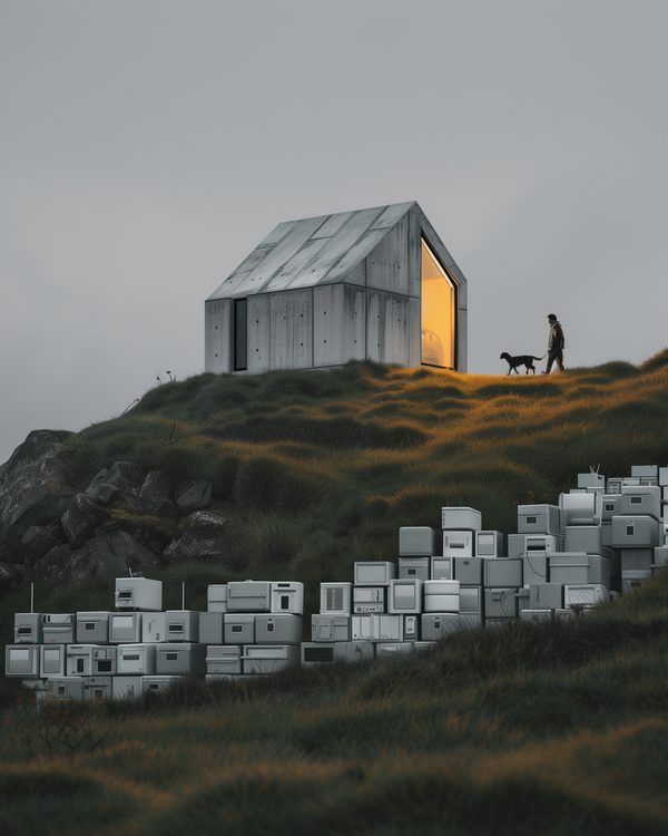 Maison moderniste isolée en béton avec une lumière chaleureuse, entourée d’appareils abandonnés dans un paysage désert, de la série Deus Ex Urbana