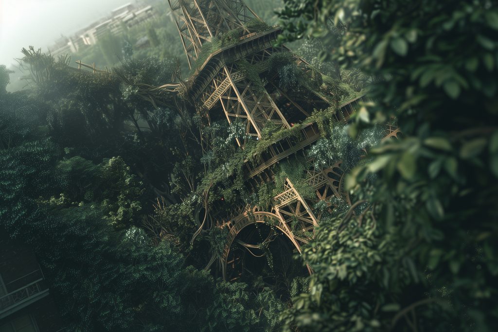 Tour Eiffel envahie par la végétation, symbolisant la reconquête de la nature sur l’architecture urbaine dans un monde post-apocalyptique