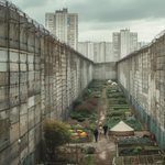 Mur de béton avec des barbelés entourant un jardin communautaire dans un paysage urbain, explorant la résilience des habitants face aux structures oppressantes