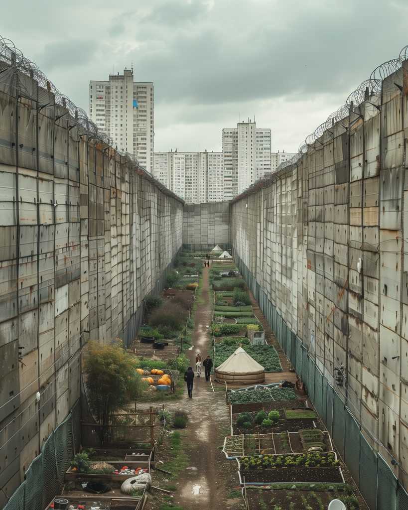 Mur de béton avec des barbelés entourant un jardin communautaire dans un paysage urbain, explorant la résilience des habitants face aux structures oppressantes
