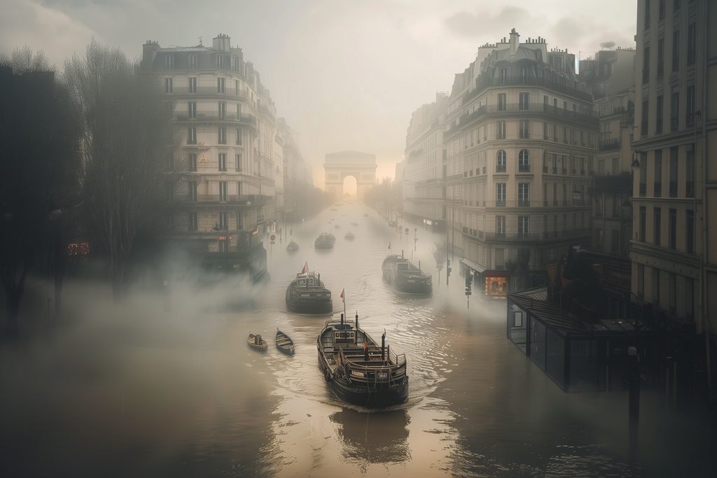 Paris inondé avec des péniches naviguant autour de l'Arc de Triomphe, scène post-apocalyptique de la série Deus Ex Urbana