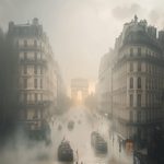 Paris inondé avec des péniches naviguant autour de l'Arc de Triomphe, scène post-apocalyptique de la série Deus Ex Urbana