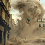 Cycliste emporté dans une mini-tornade dans une rue parisienne, symbole de la fragilité face aux catastrophes climatiques dans Deus Ex Urbana