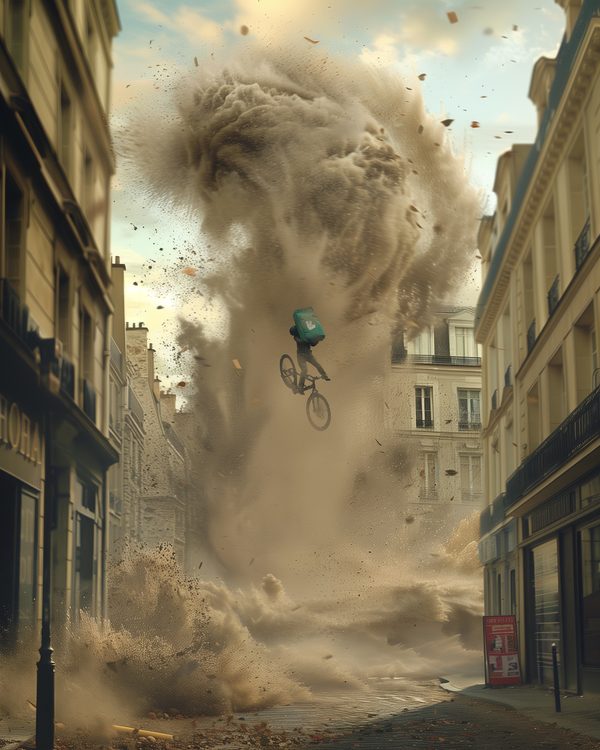 Cycliste emporté dans une mini-tornade dans une rue parisienne, symbole de la fragilité face aux catastrophes climatiques dans Deus Ex Urbana