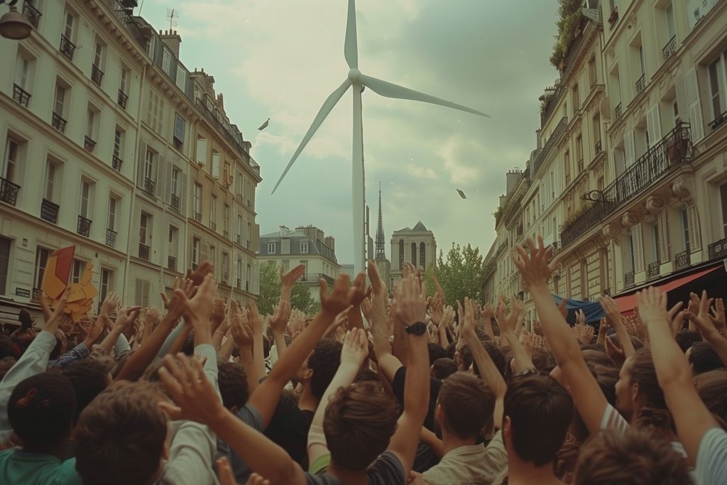 Éolienne géante au milieu de manifestants dans une rue de Paris, illustrant la transition énergétique et les enjeux sociaux
