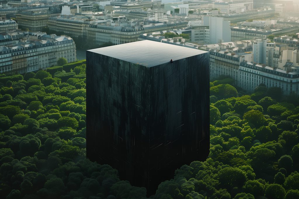 Cube noir géant dans une forêt entourée d'une ville, symbolisant l’inconnu et la puissance dans un monde en transformation