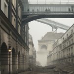 Rue en ruines à Paris avec des passerelles industrielles et l'Arc de Triomphe, symbolisant un futur dystopique