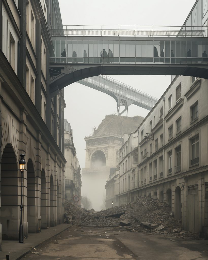 Rue en ruines à Paris avec des passerelles industrielles et l'Arc de Triomphe, symbolisant un futur dystopique