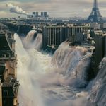 Inondation apocalyptique engloutissant Paris, avec des vagues déferlant sur les bâtiments, symbolisant la fragilité des infrastructures urbaines face aux catastrophes naturelles