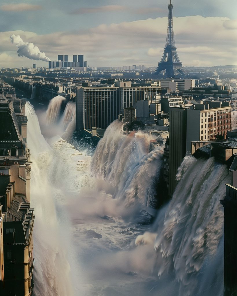 Inondation apocalyptique engloutissant Paris, avec des vagues déferlant sur les bâtiments, symbolisant la fragilité des infrastructures urbaines face aux catastrophes naturelles