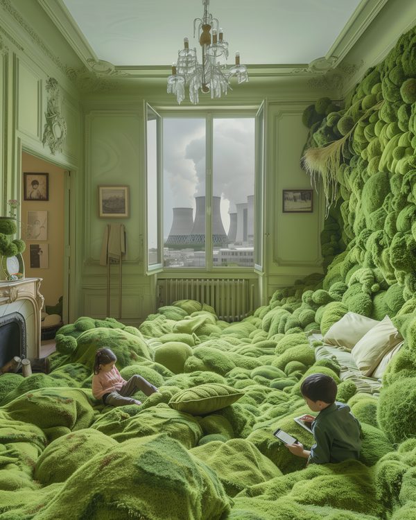 Appartement parisien envahi par de la mousse verte, avec des cheminées industrielles à l'extérieur, symbolisant l'invasion de la nature dans la ville