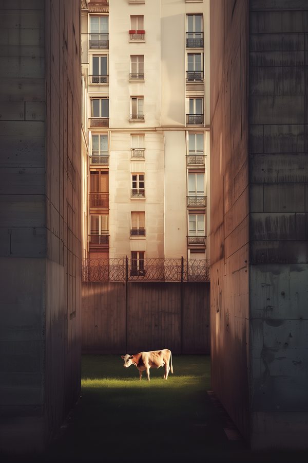 Vache dans une cour urbaine entourée de murs de béton, symbolisant le contraste entre nature et urbanisme