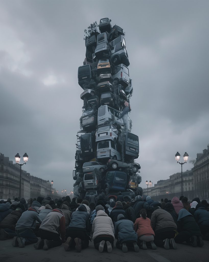 Totem fait de voitures empilées avec des personnes en prière, symbolisant le consumérisme et l'adoration des objets matériels