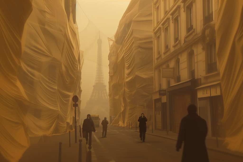 Rue parisienne enveloppée de voiles dorés avec la Tour Eiffel en arrière-plan, symbolisant la transformation de l'architecture urbaine
