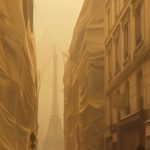 Rue parisienne enveloppée de voiles dorés avec la Tour Eiffel en arrière-plan, symbolisant la transformation de l'architecture urbaine