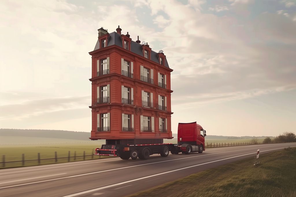 Maison parisienne transportée sur un camion sur une route, illustrant la mobilité des structures dans un monde en mutation