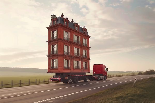 Maison parisienne transportée sur un camion sur une route, illustrant la mobilité des structures dans un monde en mutation