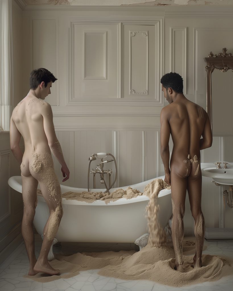 Salle de bain remplie de sable avec deux hommes, symbolisant l'invasion de la nature dans un espace domestique parisien