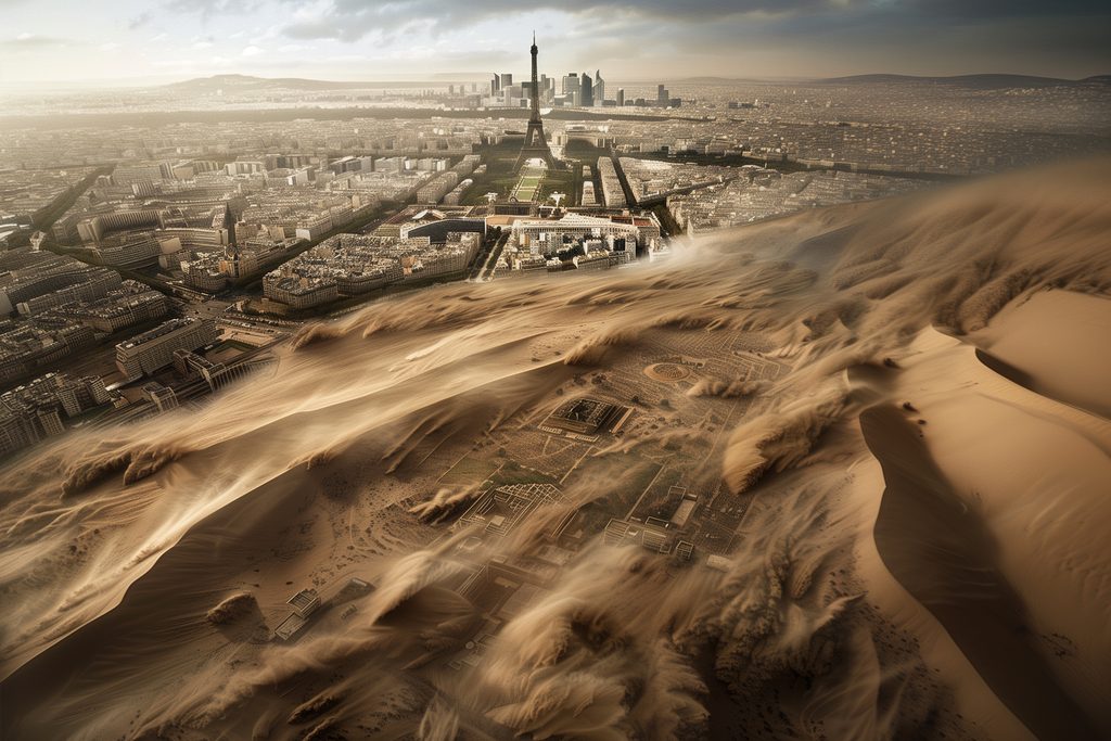 Tempête de sable recouvrant Paris avec vue sur la Tour Eiffel.