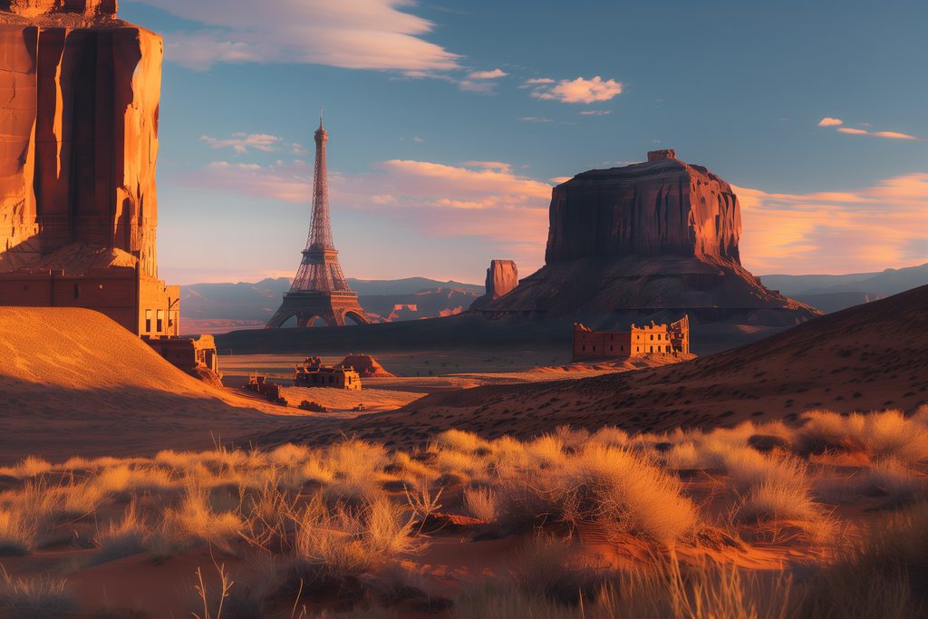 Tour Eiffel dans un paysage désertique rappelant Monument Valley.