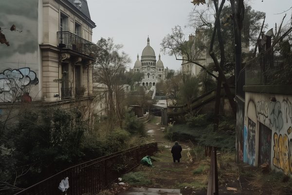 Basilique du Sacré-Cœur entourée de jungle et d’immeubles abandonnés.