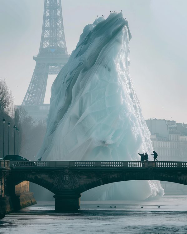 Immense iceberg près de la Tour Eiffel sur la Seine.