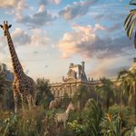 Animaux exotiques dans le Jardin des Tuileries à Paris avec le Louvre en arrière-plan.