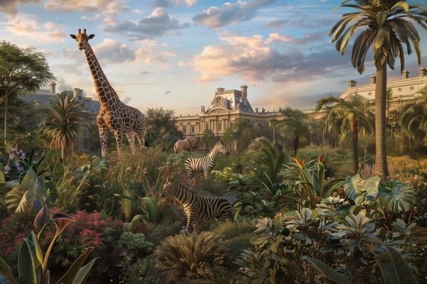 Animaux exotiques dans le Jardin des Tuileries à Paris avec le Louvre en arrière-plan.