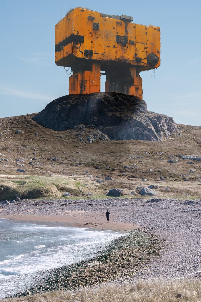 Massive, weathered yellow industrial structure perched on a rocky hill, with a solitary figure standing on a pebble beach below, under a clear sky.