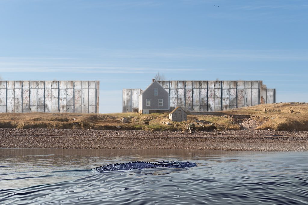 Isolated house surrounded by tall concrete walls with a sea monster swimming in the foreground under a clear blue sky