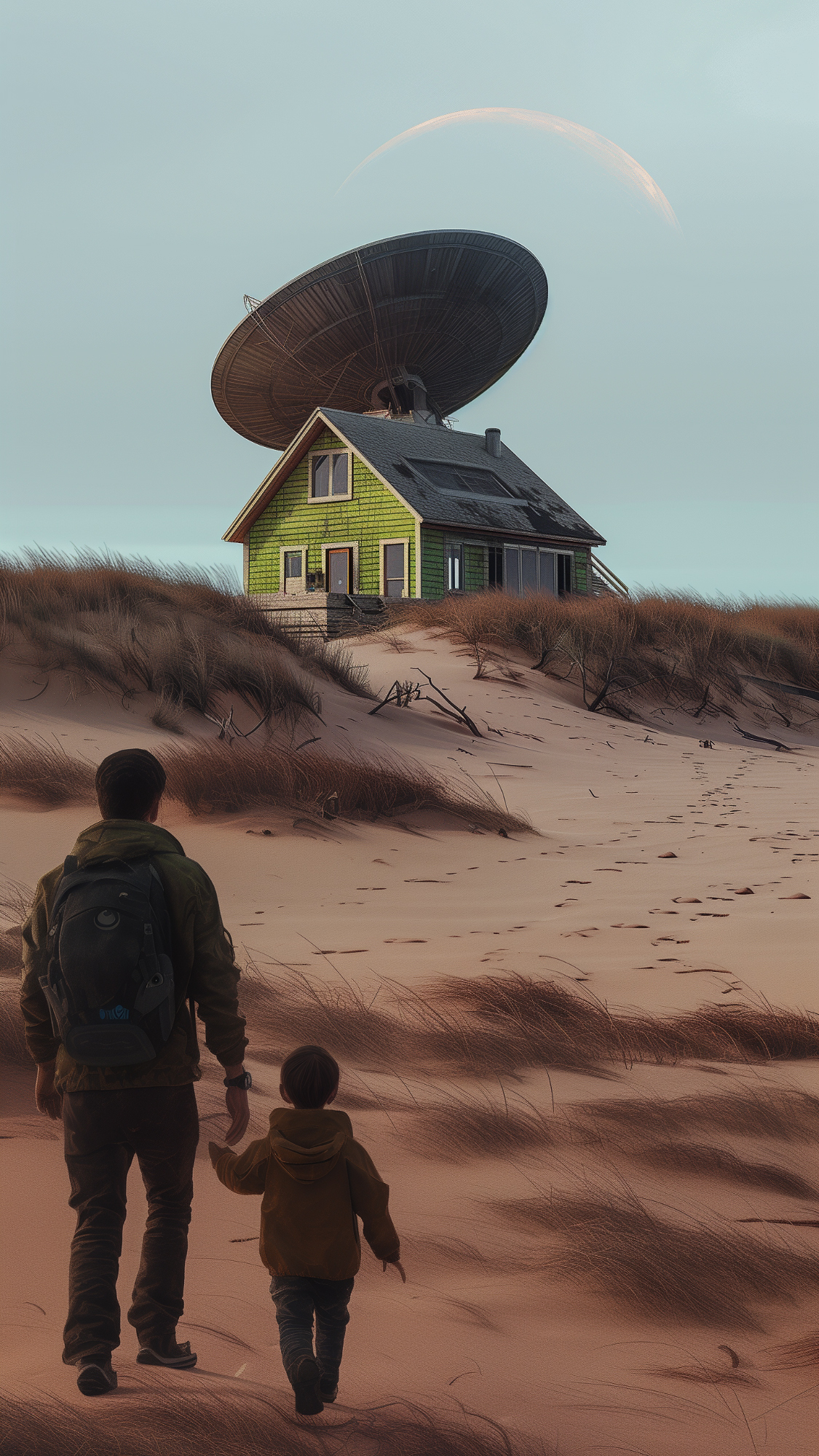 Man and child walking through a sandy landscape towards a green house with a massive satellite dish on the roof, under an alien sky.