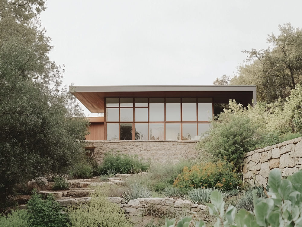 Un bâtiment moderne intégré dans un paysage semi-urbain, conçu avec une façade en matériaux naturels comme la pierre et le bois. La structure s’harmonise parfaitement avec son environnement verdoyant, entourée de plantes indigènes et de murs en pierre naturelle, illustrant les principes de l'architecture durable
