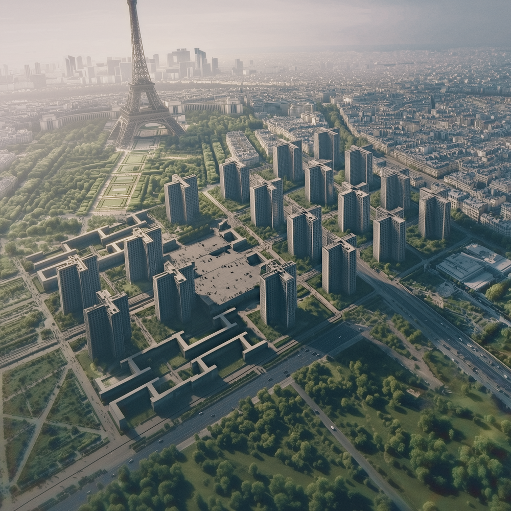 La Tour Eiffel entourée de bâtiments modernes et symétriques, selon une vision du Paris de Le Corbusier dans le cadre du Plan Voisin, intégrant espaces verts et structures géométriques